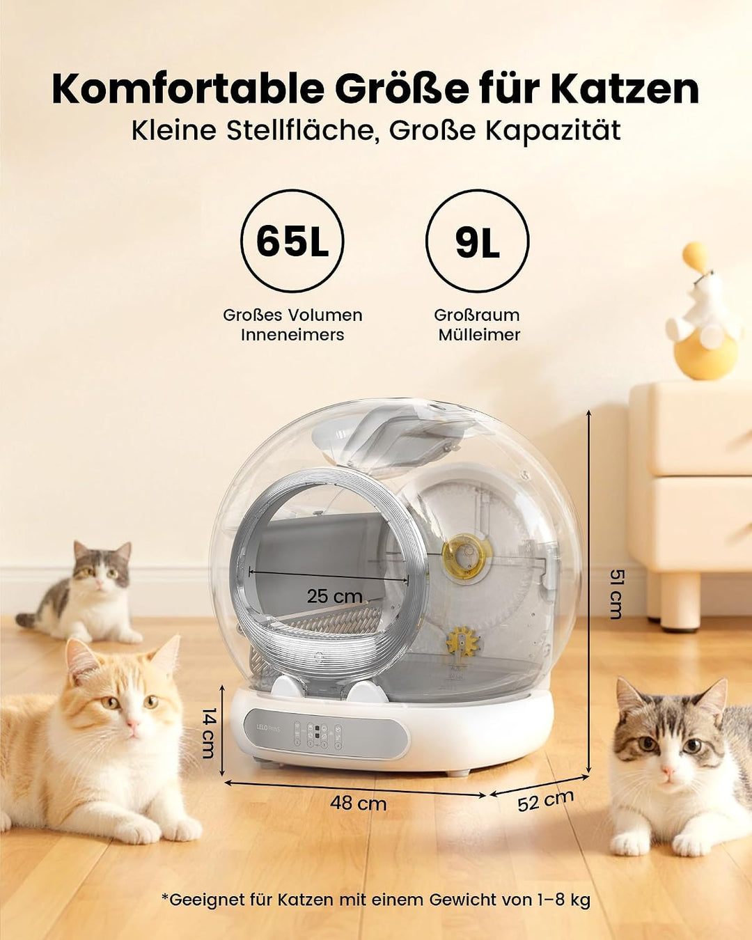 Selbstreinigende Katzentoilette mit Türvorhang, 65L+9L Katzenklo Selbstreinigend mit Müllbeutel, Mat