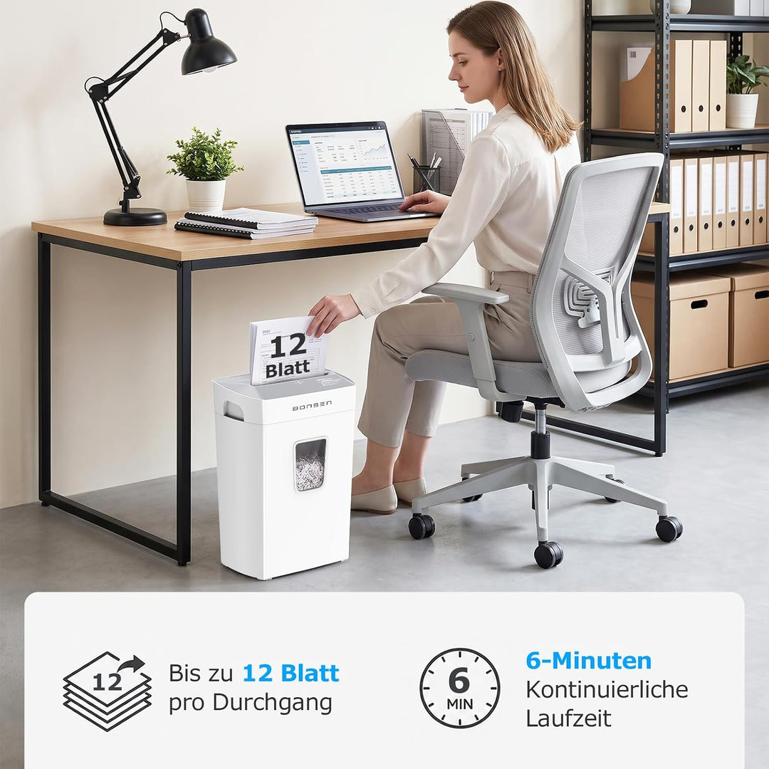 BONSEN Aktenvernichter Mikroschnitt 12 Blatt, Leise 60dB, S5211-W | 21L Behälter, P-4 Sicherheitsstu