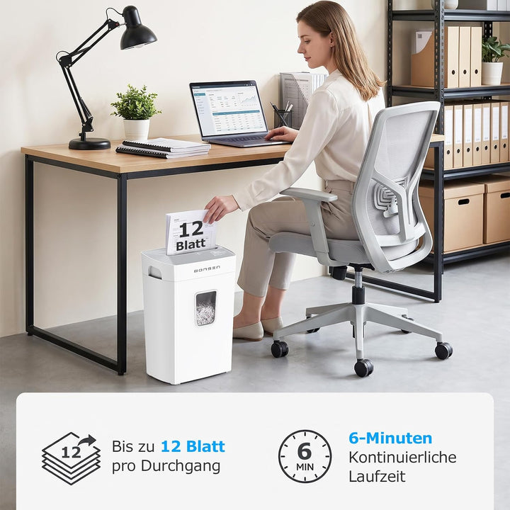 BONSEN Aktenvernichter Mikroschnitt 12 Blatt, Leise 60dB, S5211-W | 21L Behälter, P-4 Sicherheitsstu