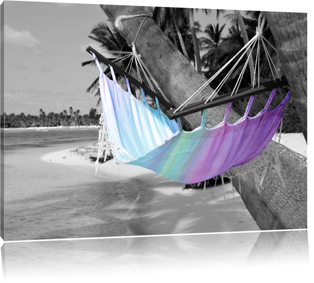 traumhafte Hängematte am Strand schwarz/weiss Format: 100x70 auf Leinwand, XXL riesige Bilder fertig
