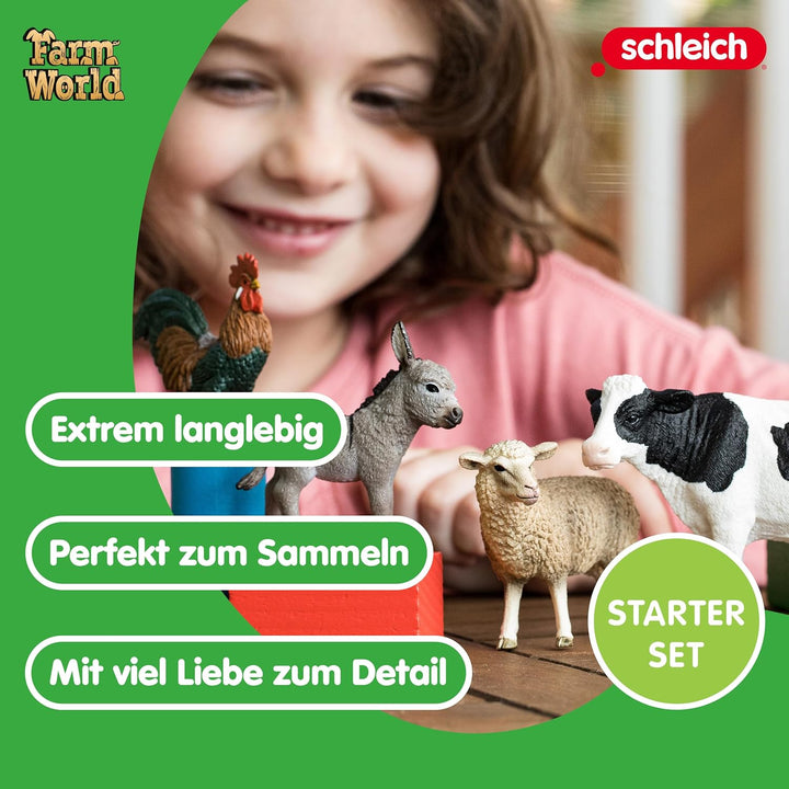 schleich 42385 FARM WORLD Starter-Set inkl. 4 schleich Bauernhoftiere: Kuh, Schaf, Esel & Hahn, Tier