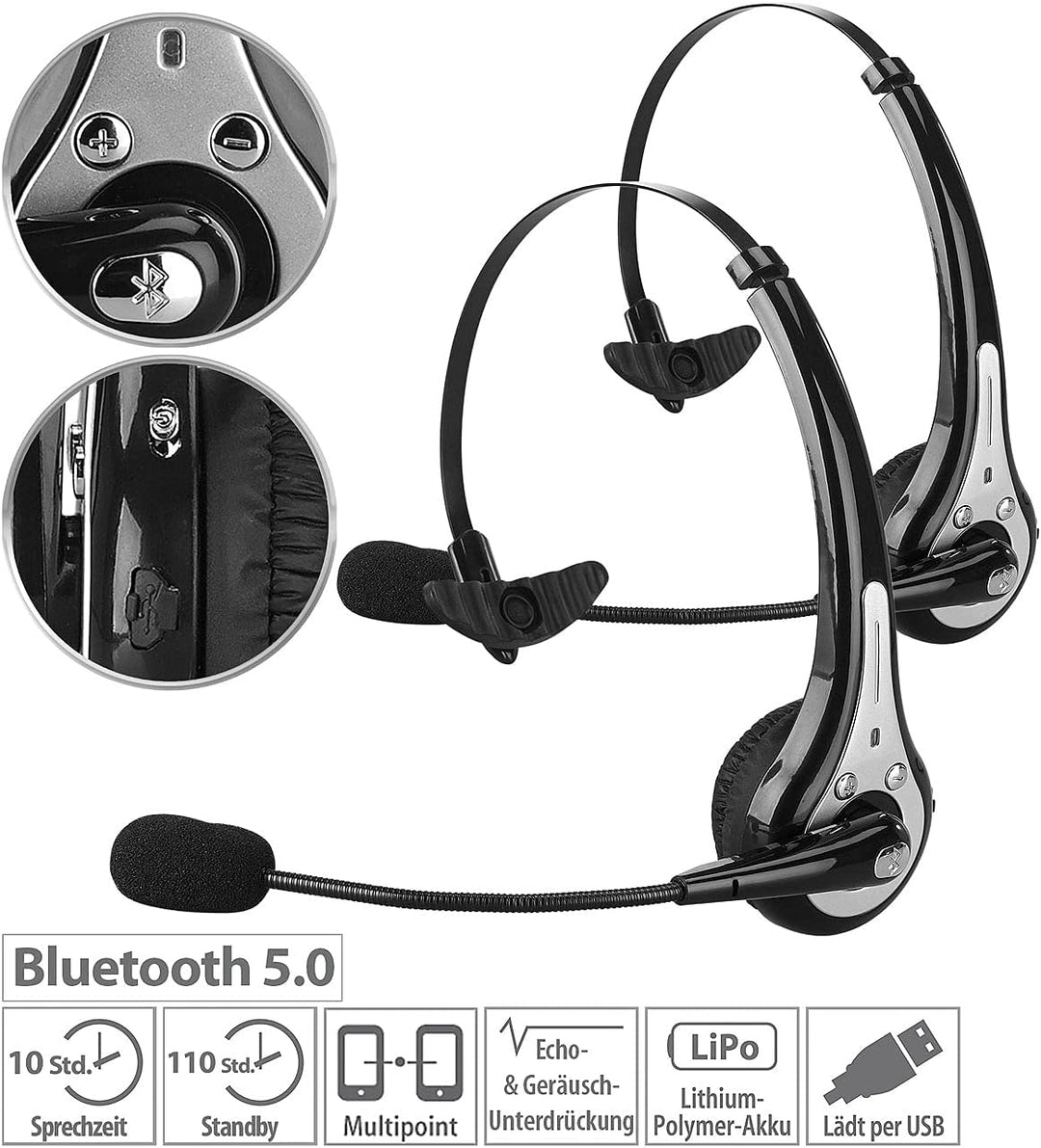 Callstel Headset mit Schwanenhals: 2er Pack Profi-Mono-Headset mit Bluetooth, Geräuschunterdrückung