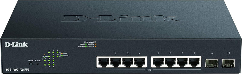 D-Link DGS-1100-10MPV2, 10-Port Layer 2 Gigabit PoE Smart Switch (8 x 10/100/1000 Mbit/s BaseT PoE P