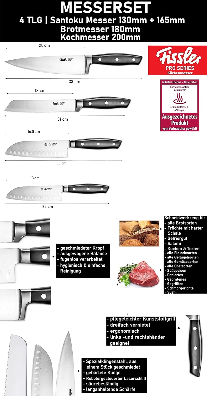 Fissler PROFI Messerset 4 tlg, Spezialklingen-Edelstahl geschmiedet - scharf, Rostfrei, Küchenmesser