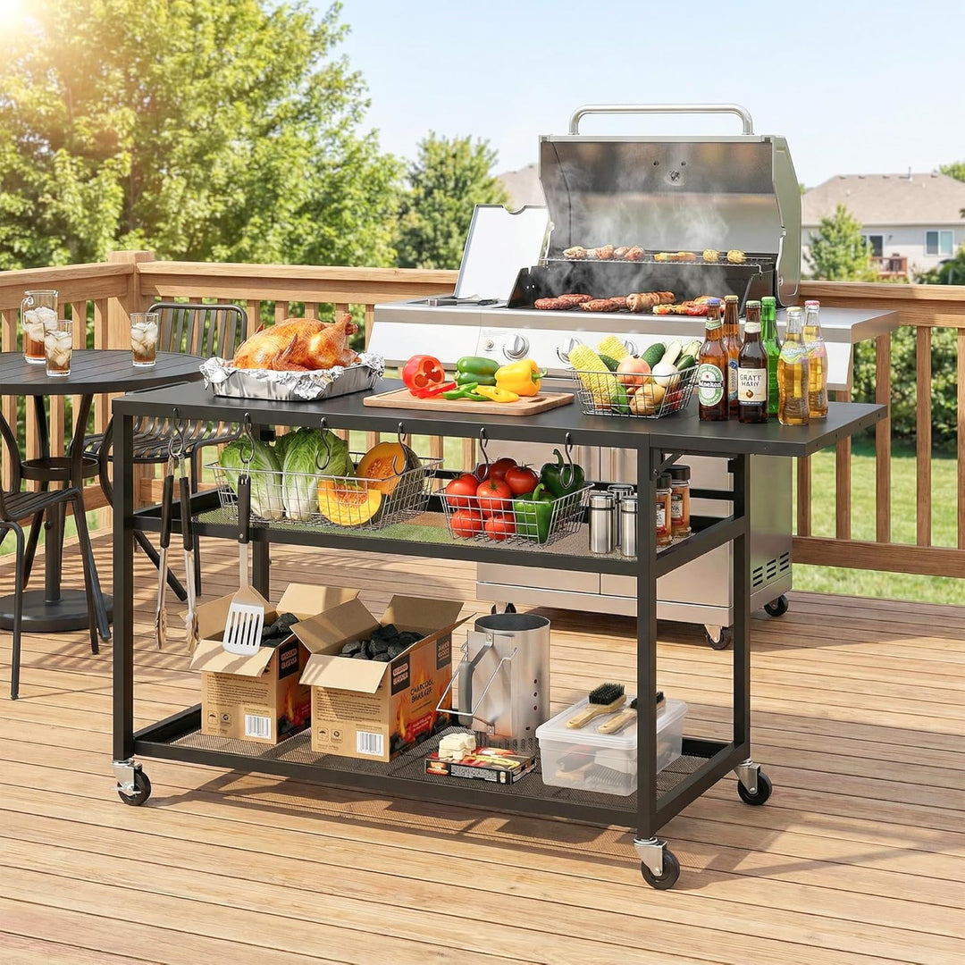 Outsunny Gartenwagen Grillwagen auf Rollen Kücheninsel mit klappbarer Seitenablage, drei Ablagefläch