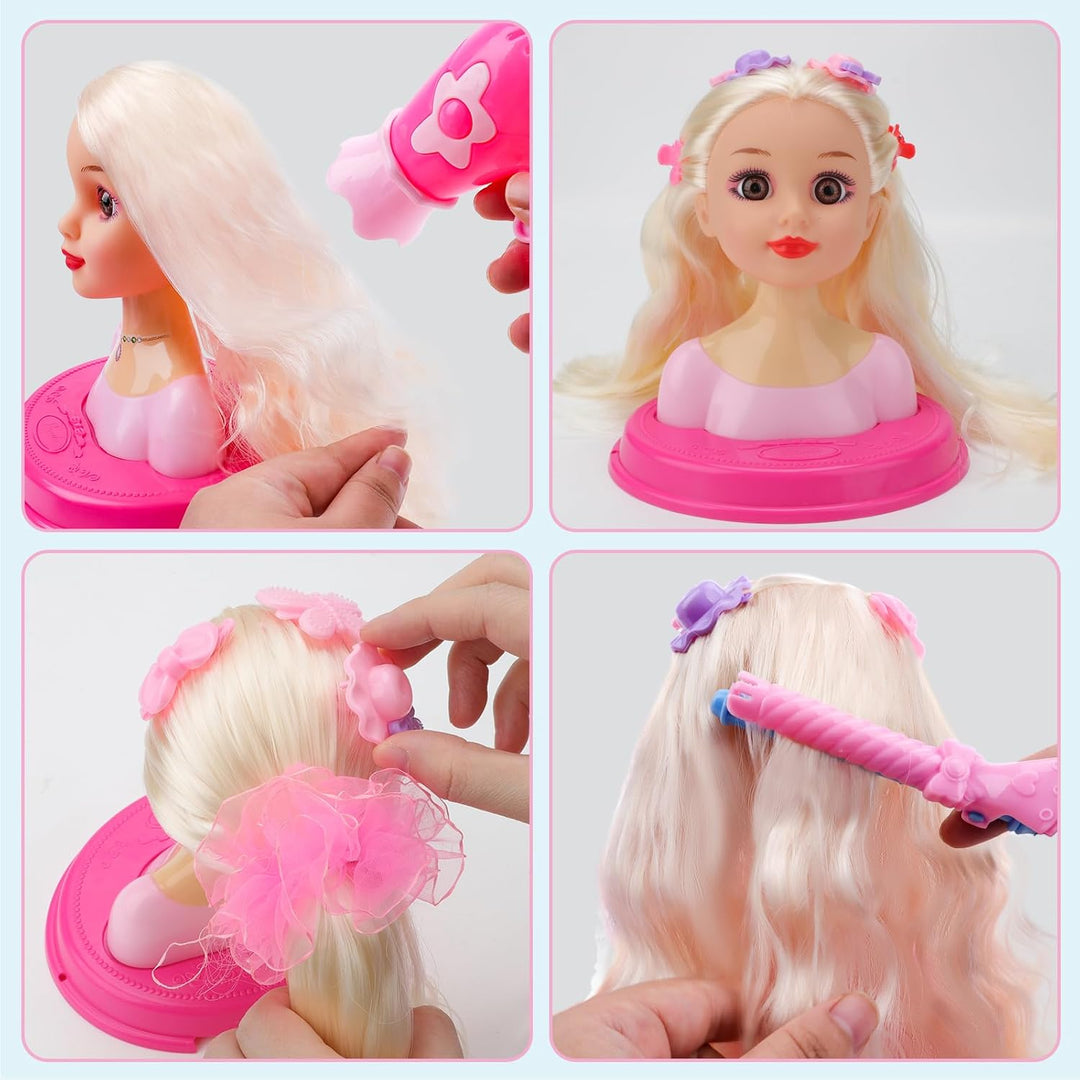 deAO Schminkpuppe Frisierkopf für Kinder, Frisierkopfpuppe mit Haartrockner Frisierpuppenkopf für Pr