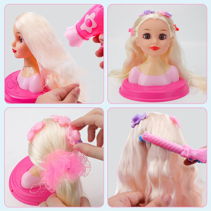 deAO Schminkpuppe Frisierkopf für Kinder, Frisierkopfpuppe mit Haartrockner Frisierpuppenkopf für Pr