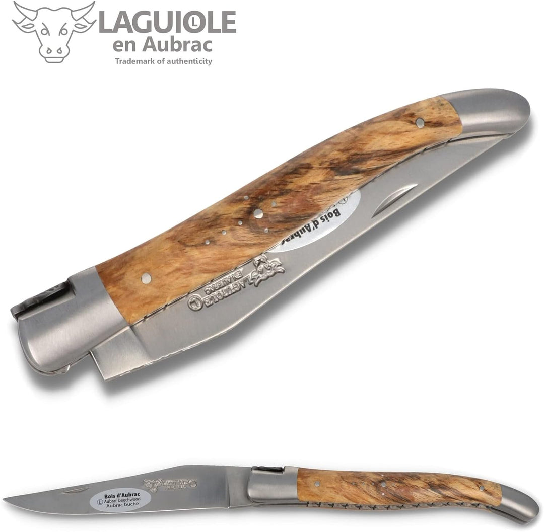 Laguiole en Aubrac Taschenmesser - 12 cm Doppelplatine - Griff Aubrac Buchenholz - Klinge 10 cm matt