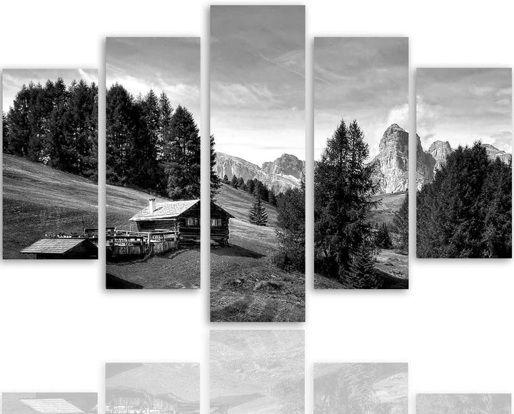 Feeby Bilder Berge 200x100 cm - Leinwandbild 5 Teilig XXL Kunstdruck Hütte Bäume grau Leinwandbild X