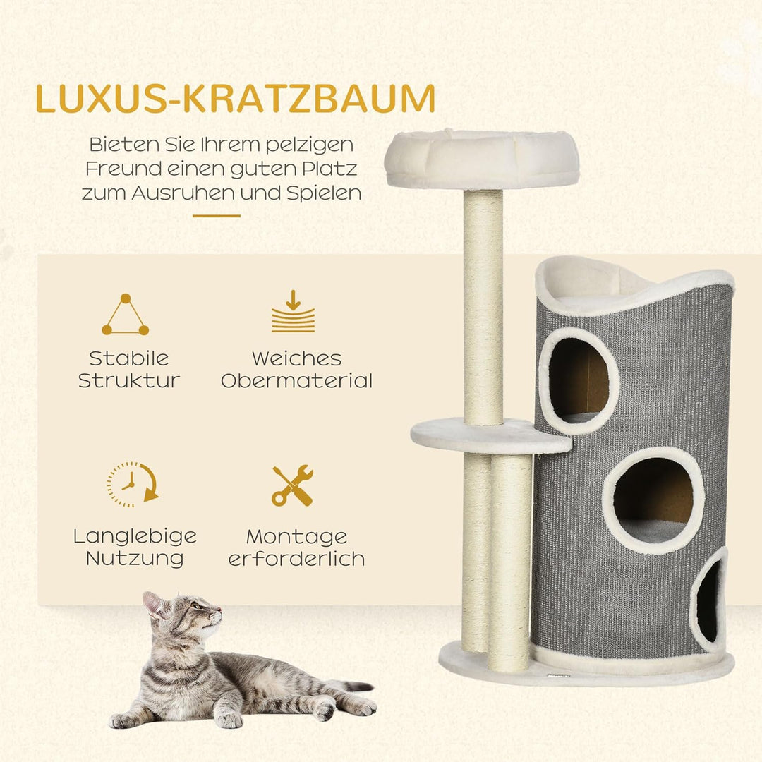 PawHut Kratzbaum 109 cm Katzenturm mit Kratztonne, Katzenbett, Sisalstämme, mehrstöckiger Katzenkrat