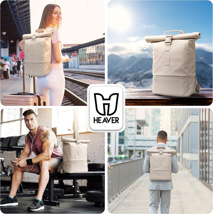 HEAVER® Rolltop Rucksack Damen & Herren, Rucksack mit Laptopfach, Uni Rucksack Damen, Rollrucksack D
