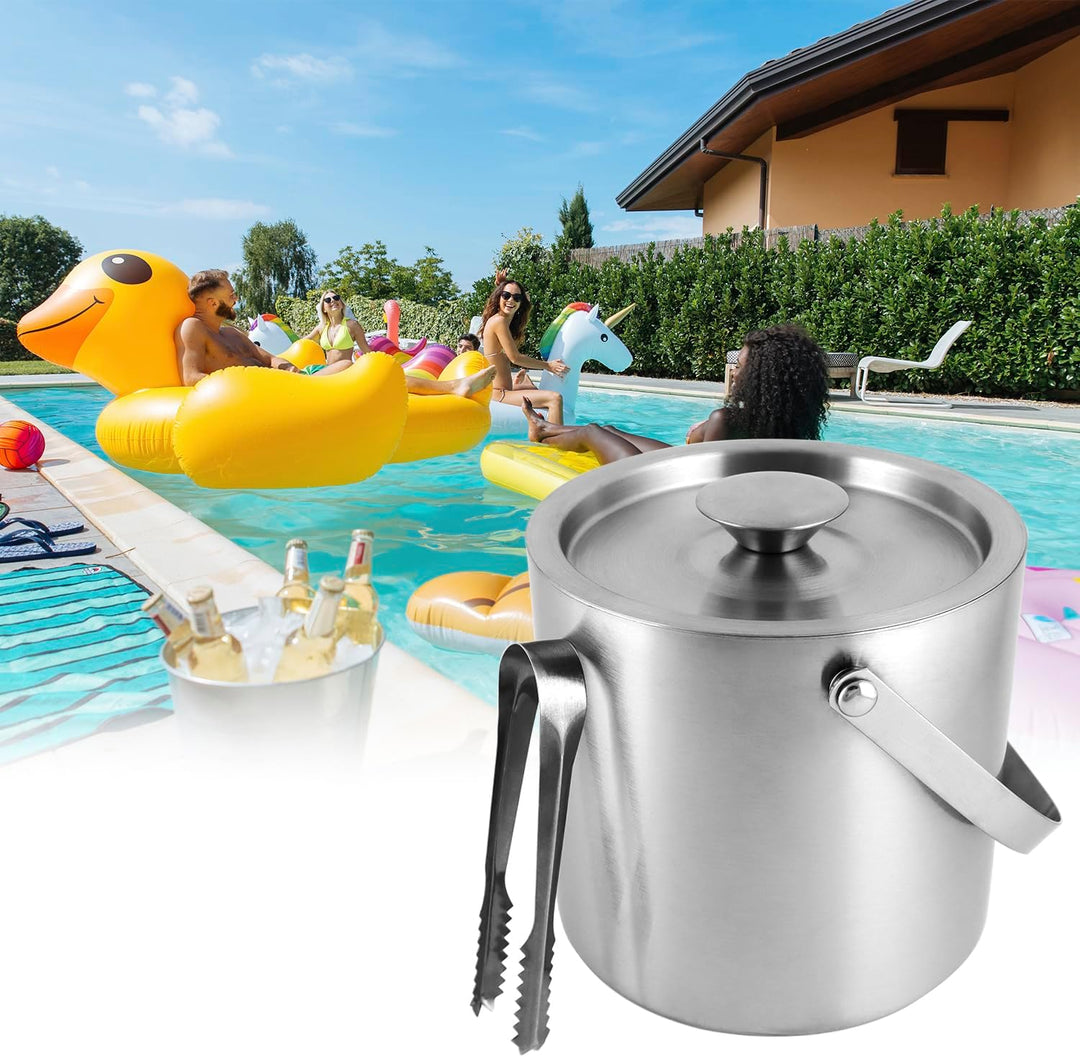 QWORK® 3L Eiskübel aus 304 Edelstahl mit Doppelwand, Deckel und Eiszange – ideal für Hausbars, Party