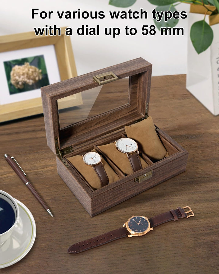 Uten Uhrenbox mit 3 Fächern, Uhrenbox mit Glasabdeckung, Uhrendisplay Aufbewahrungsbox für Damen und