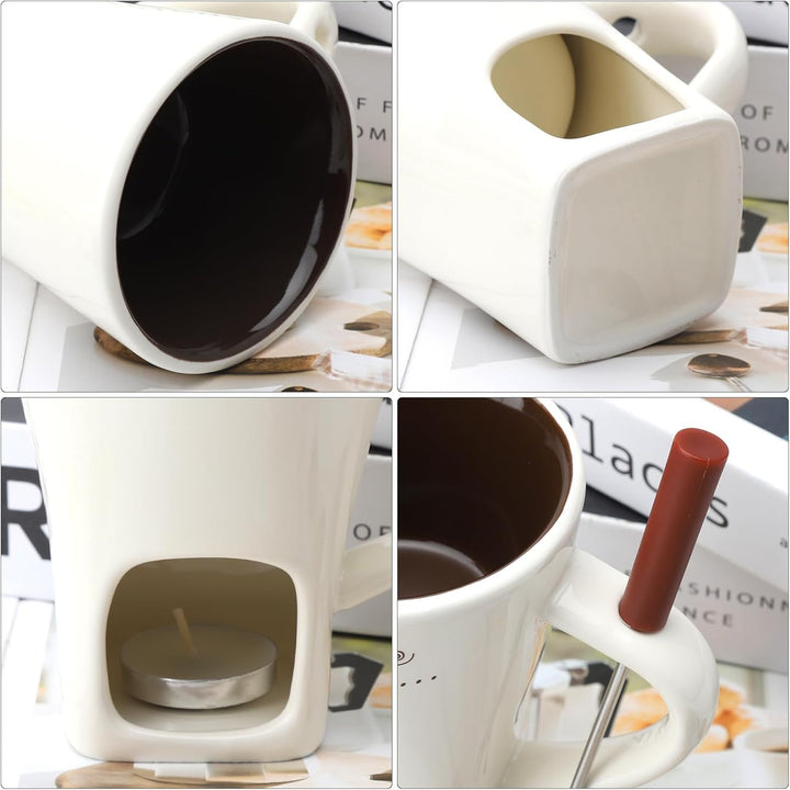 Schokofondue Tasse Keramik 130ML Schoko Fondue Cup mit Teelichthalter und Gabeln Schokoladenfondue S