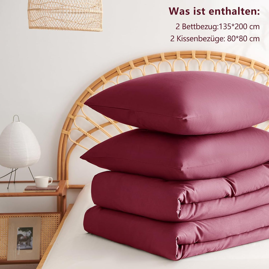 WAVVE Bettwäsche 135x200 4teilig Rot Weinrot - Bettbezüge 135 x 200 2er Set mit Kissenbezüge 80x80 c