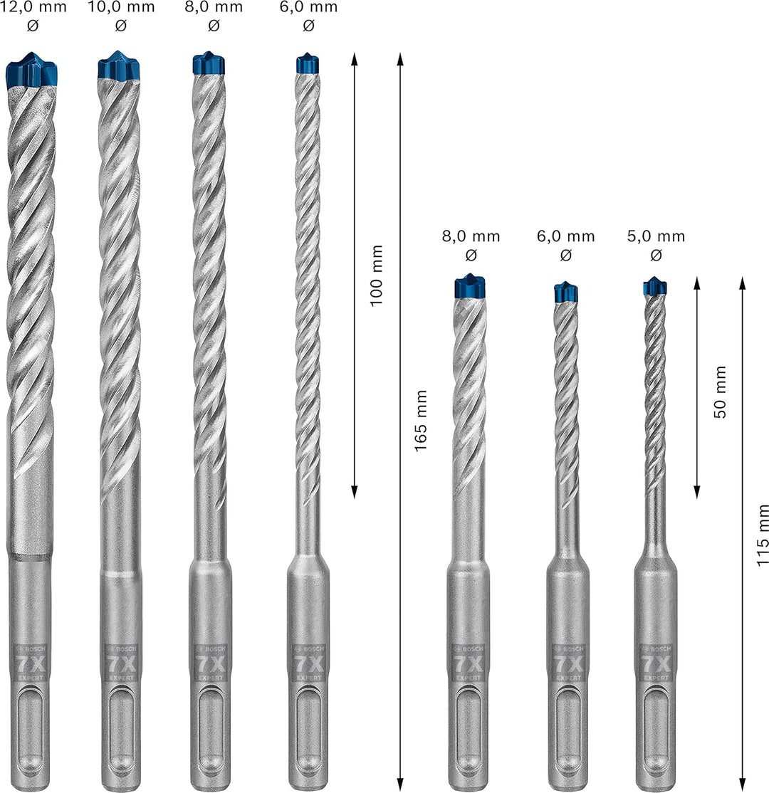Bosch Professional 7x Expert SDS plus-7X Hammerbohrer Set (für Stahlbeton, Ø 5-12 mm, Zubehör Bohrha