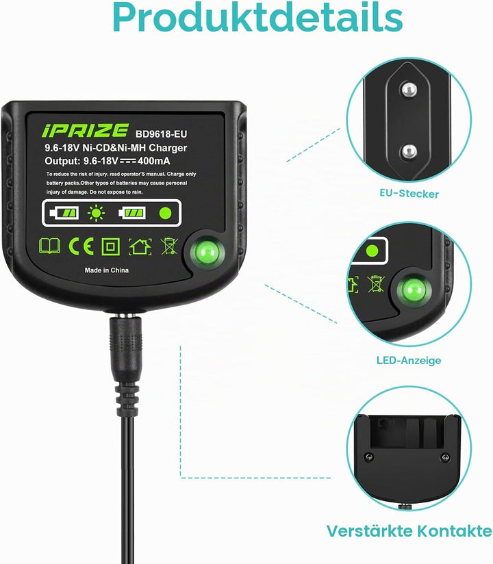 9.6V-18V Ladegerät NI-MH/NI-CD Kompatibel für Black & Decker 9.6V 12V 14.4V 18V Akku, für HPB12 HPB1
