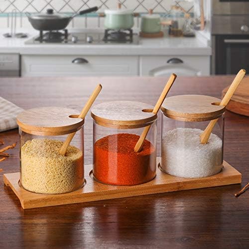 Gewürzbehälter 3er Set,300ml Gewürzgläser mit Löffel, Bambusdeckel und Base,Gewürzständer Glasgewürz