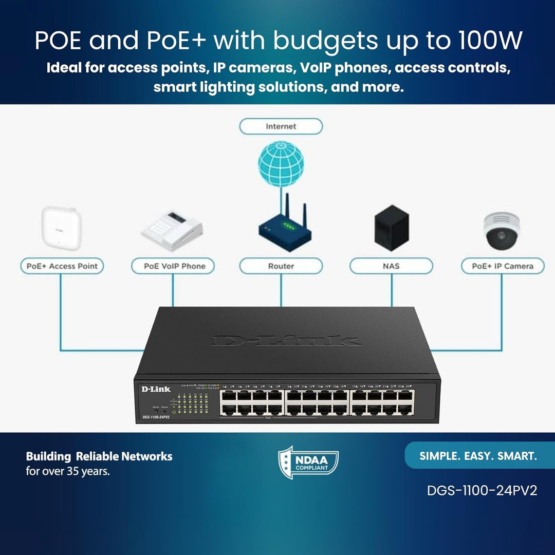 D-Link DGS-1100-24PV2 24-Port Gigabit PoE Smart Switch (24 x 10/100/1000 Mbit/s, davon 12 PoE-Ports,
