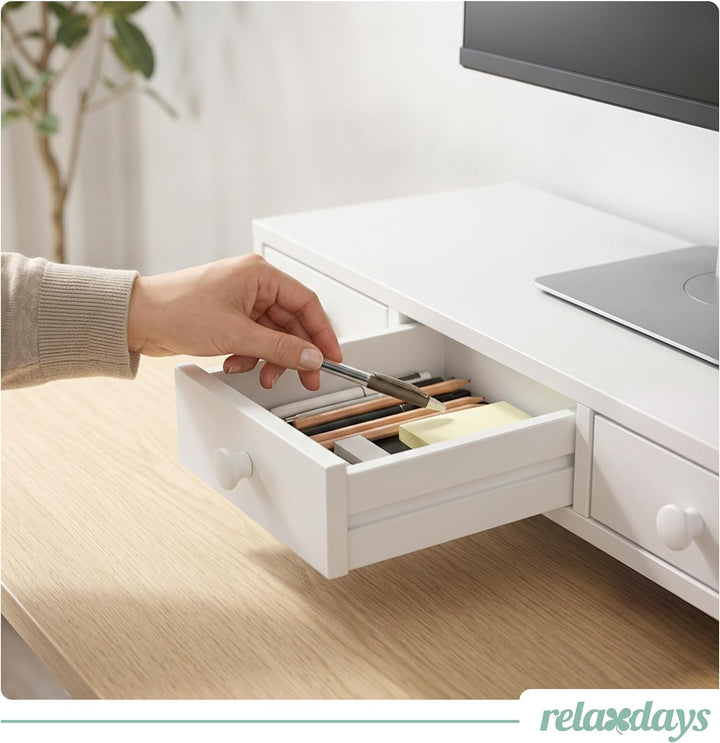 Relaxdays Monitorständer, 3 Schubladen, HxBxT: 12,5 x 51 x 24 cm, MDF, Monitorerhöhung Schreibtisch,