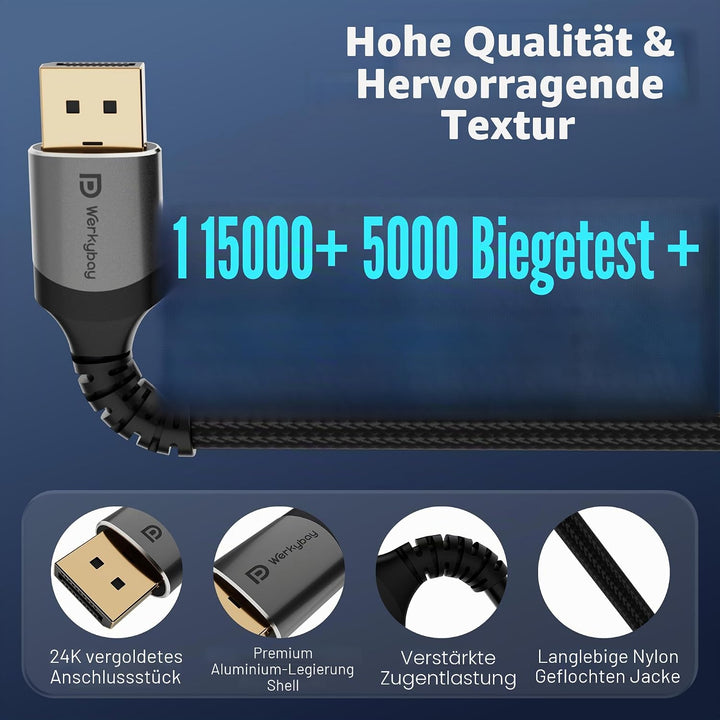 8K DisplayPort Kabel 10m,DP 1.4 Kabel, 32.4Gbps VESA-zertifiziert, Nylon gewebte Mantel, 8K@60Hz 4K@