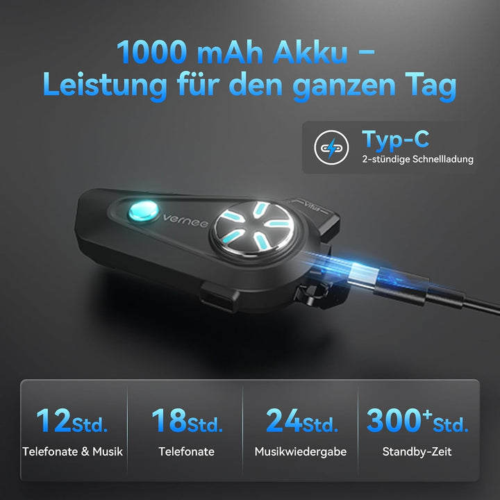 vernee Motorradhelm-Bluetooth-Headset mit Lautsprechern, 4 Fahrer, 2 km Reichweite, Intercom, IP67 w