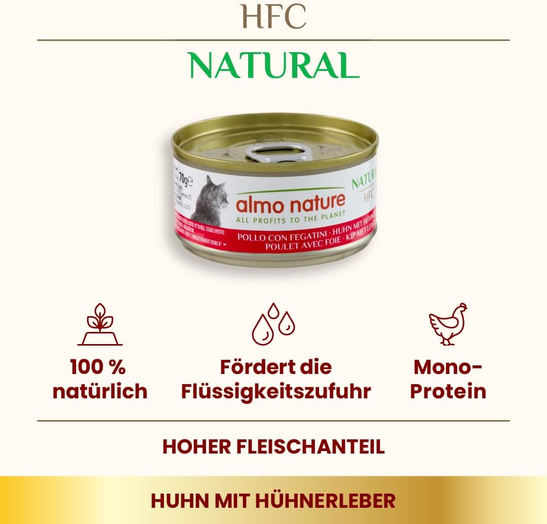 Almo Nature HFC Natural Nassfutter für ausgewachsene Katzen, Huhn und Leber, 24 Packungen à 70 g