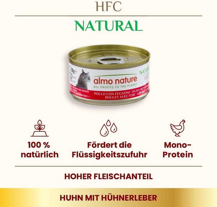 Almo Nature HFC Natural Nassfutter für ausgewachsene Katzen, Huhn und Leber, 24 Packungen à 70 g