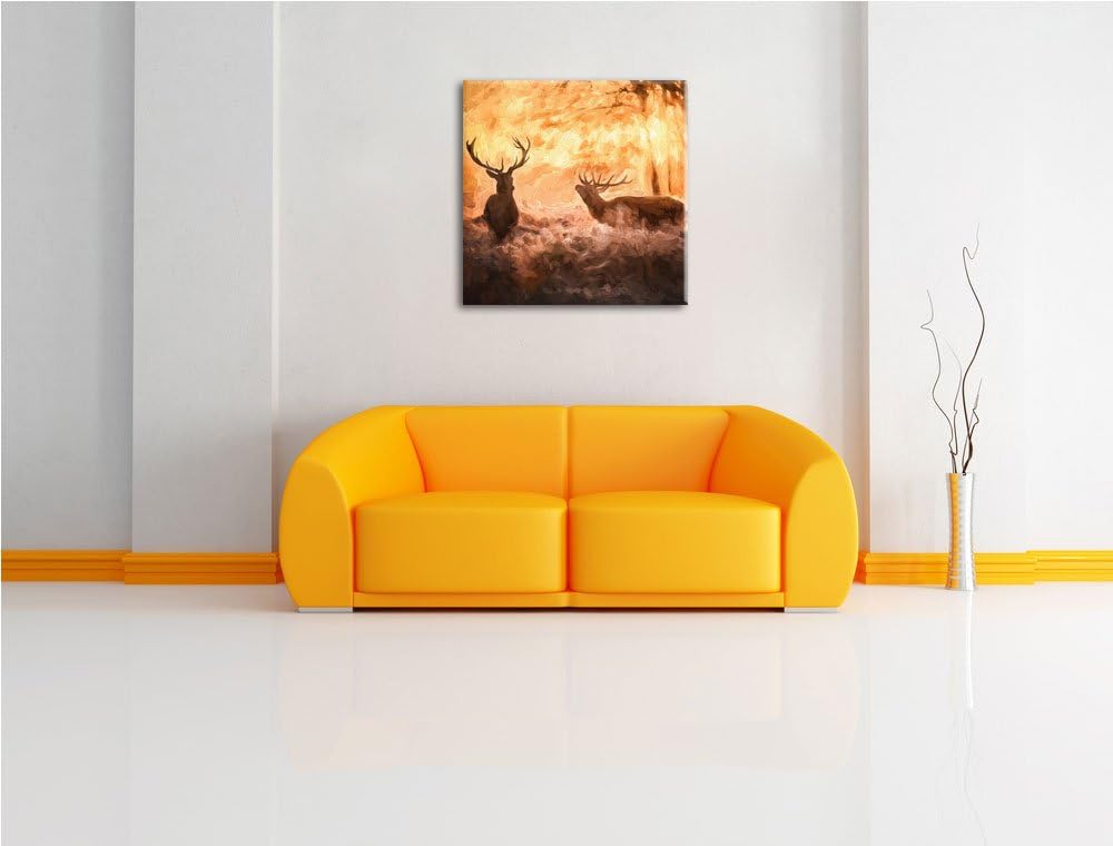Pixxprint Hirsche im Wald, Format: 70x70 auf Leinwand, XXL riesige Bilder fertig gerahmt mit Keilrah