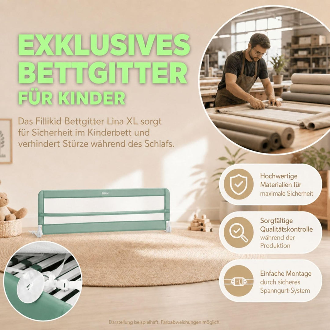 Fillikid Bettgitter Lina XL 180 x 50 cm Exklusiv | Rausfallschutz für Kinderbett & Boxspringbett | K