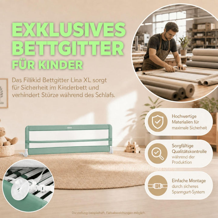 Fillikid Bettgitter Lina XL 180 x 50 cm Exklusiv | Rausfallschutz für Kinderbett & Boxspringbett | K