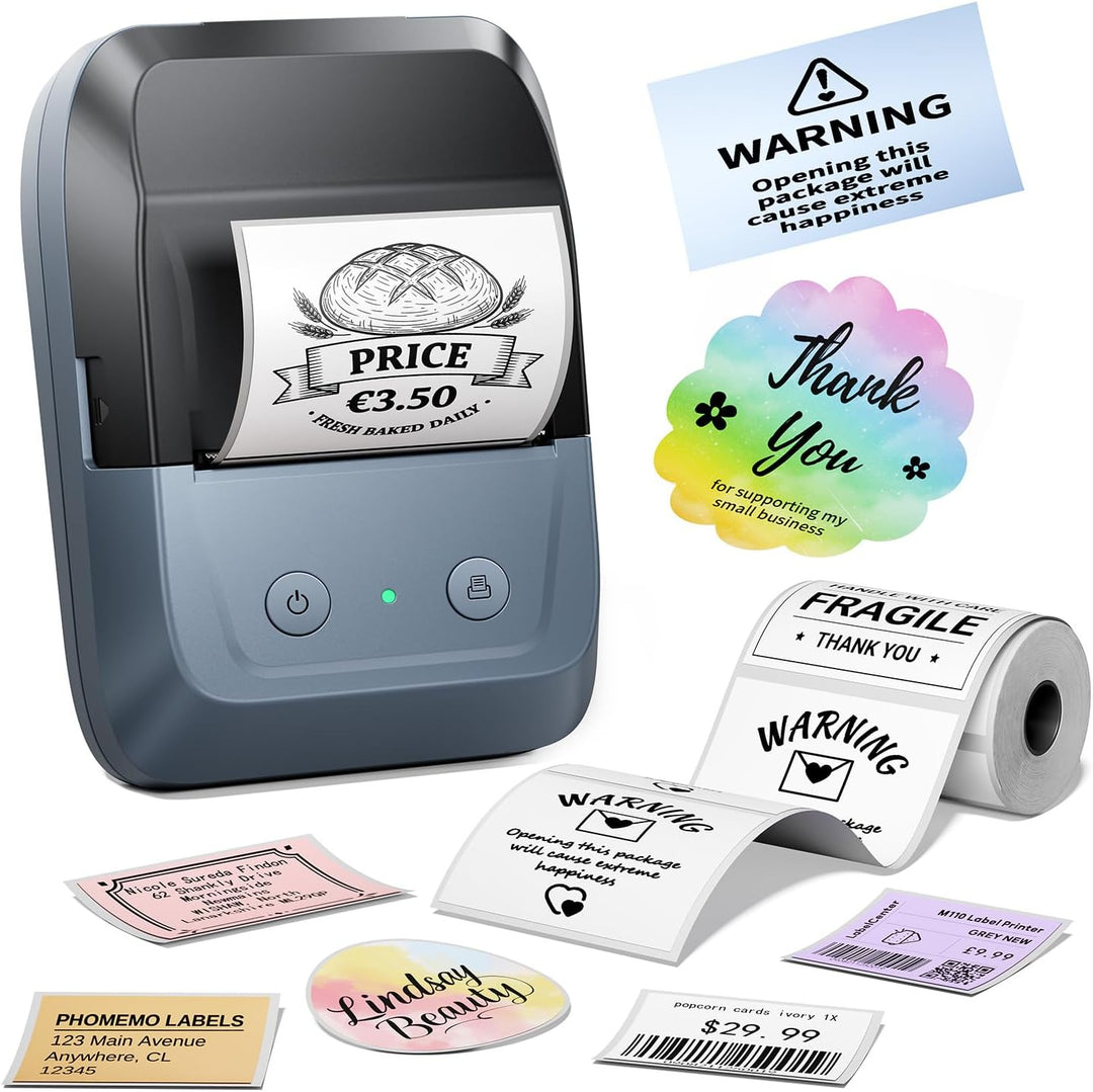 Memoking Etikettendrucker Selbstklebend, Bluetooth Label Printer mit 2000 Symbolen und 300 Vorlagen,