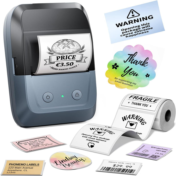 Memoking Etikettendrucker Selbstklebend, Bluetooth Label Printer mit 2000 Symbolen und 300 Vorlagen,