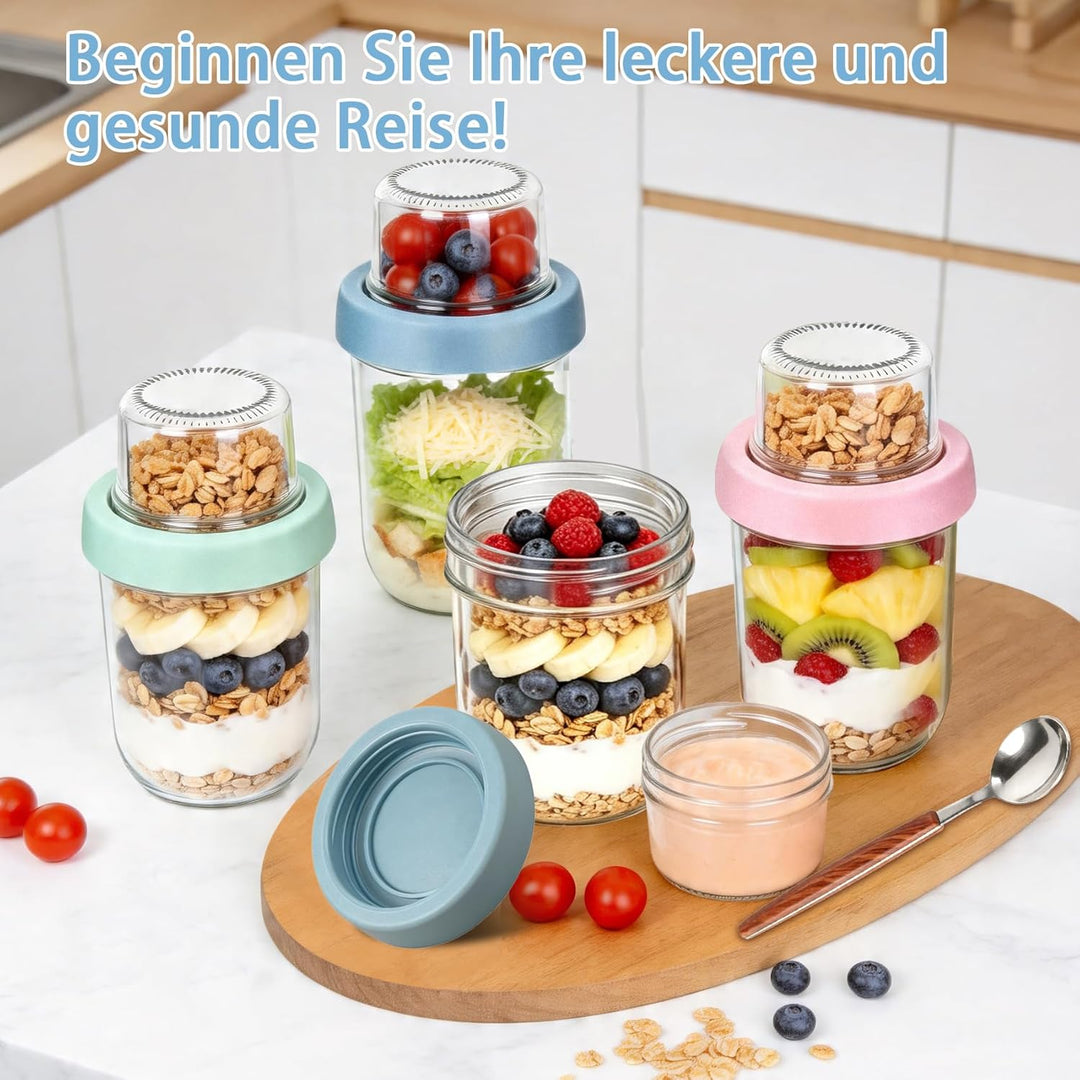 600ml Overnight Oats Gläser(480+120), 4 Pack Müslibecher to go - Doppelschicht Design,Trocken-Nass-T