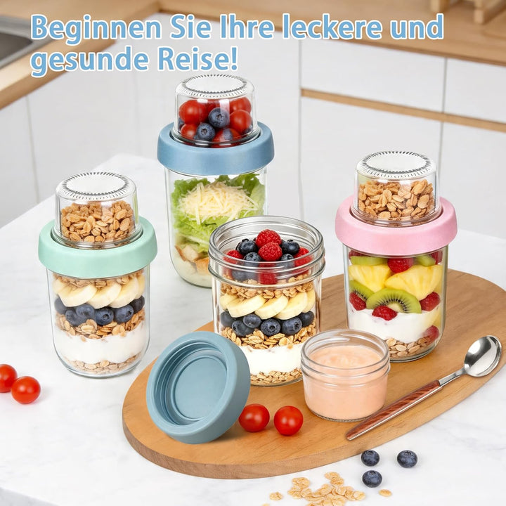 600ml Overnight Oats Gläser(480+120), 4 Pack Müslibecher to go - Doppelschicht Design,Trocken-Nass-T