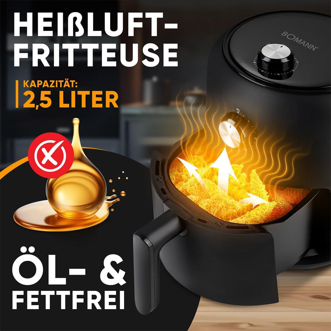 Bomann® Heissluftfritteuse mit 360° Air-Flow | Öl- und fettfreies Frittieren | Airfryer 80°C - 200°C