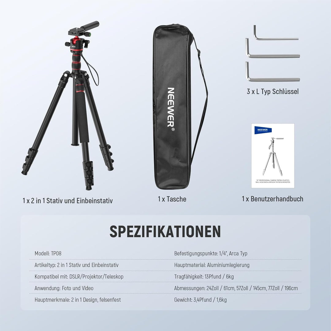 NEEWER BASICS Kamerastativ Einbeinstativ 77" kompaktes leichtes DSLR Reise Videostativ 360°Kugelkopf