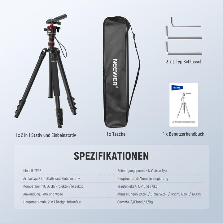 NEEWER BASICS 77" Kamerastativ Einbeinstativ mit 360° Kugelkopf & Arca QR Platte, kompaktes, leichte