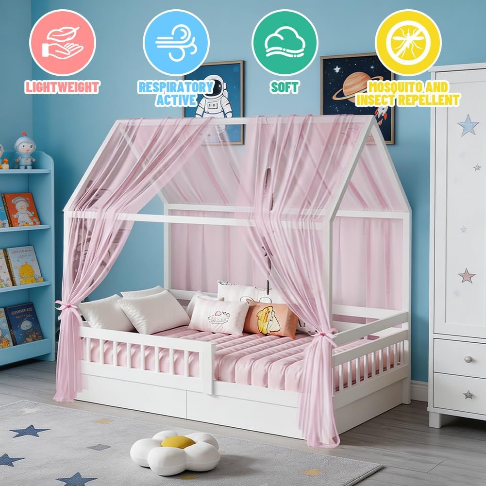 Hausbett Himmel Set, 2 Stück Hausbett Himmel für Kinderbett, 150 x 350 cm, Leichte Atmungsaktive Sto