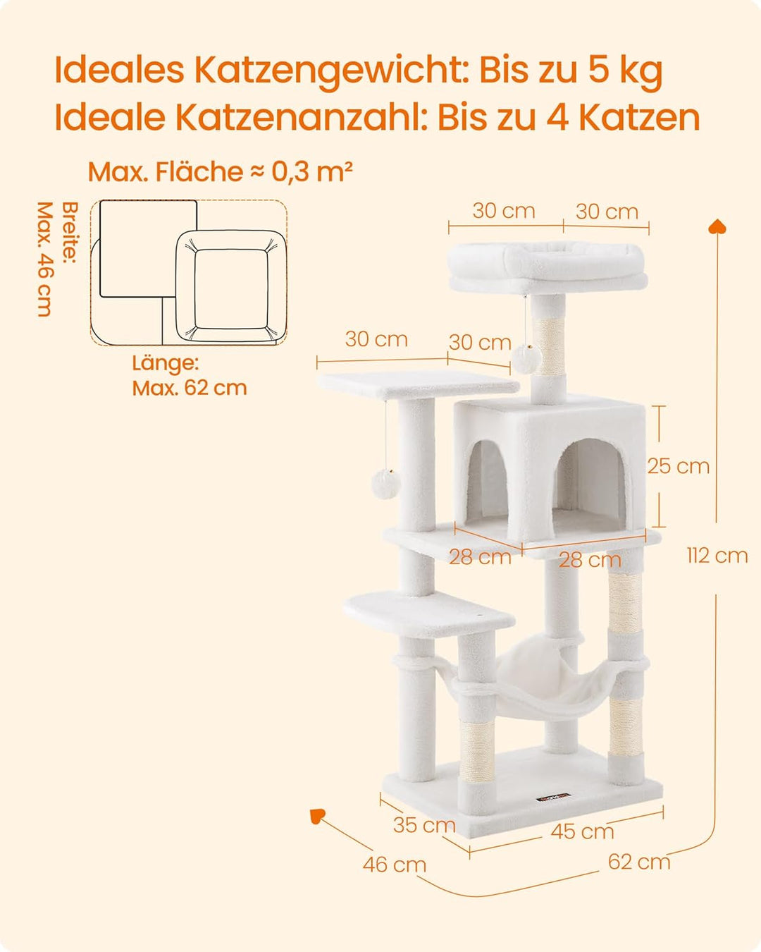 Feandrea Kratzbaum, 112 cm hoch, Katzenbaum, mehrstöckiges Katzenhaus, mit 4 Kratzsäulen, 2 Plattfor