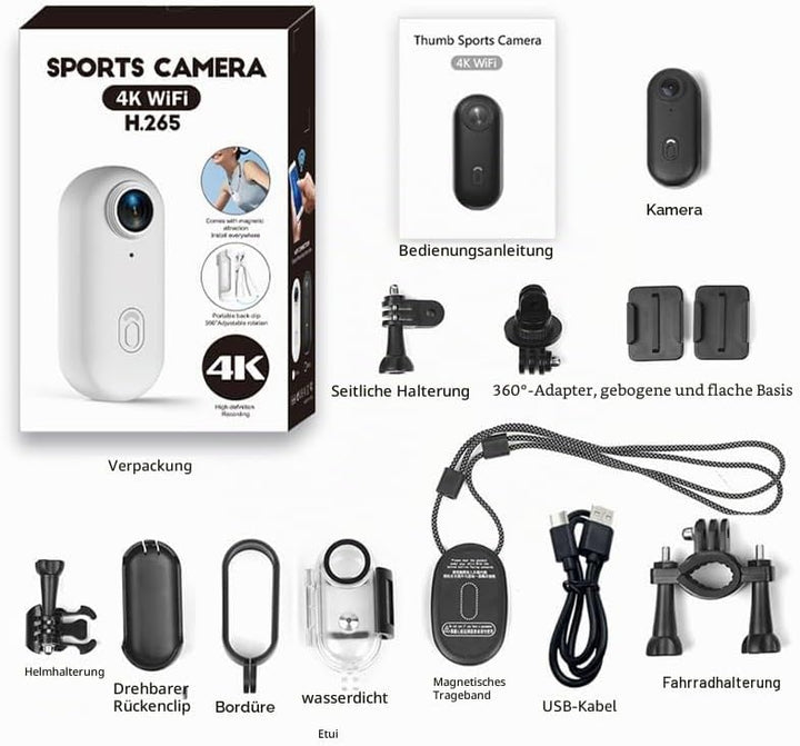 Winnes 4 K Mini Sportkamera, Tragbar,120 ° Weitwinkel, Sportkamera mit Clip hinten, 360 °, Audio- un