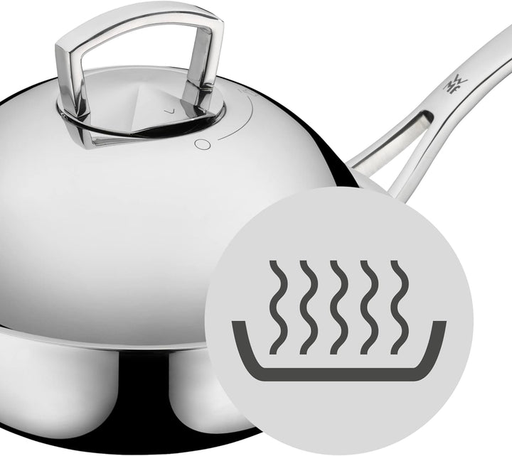WMF Multiply Wokpfanne 28 cm, Wok Induktion unbeschichtet, Metalldeckel mit Wrasenabzug, Mehrschicht
