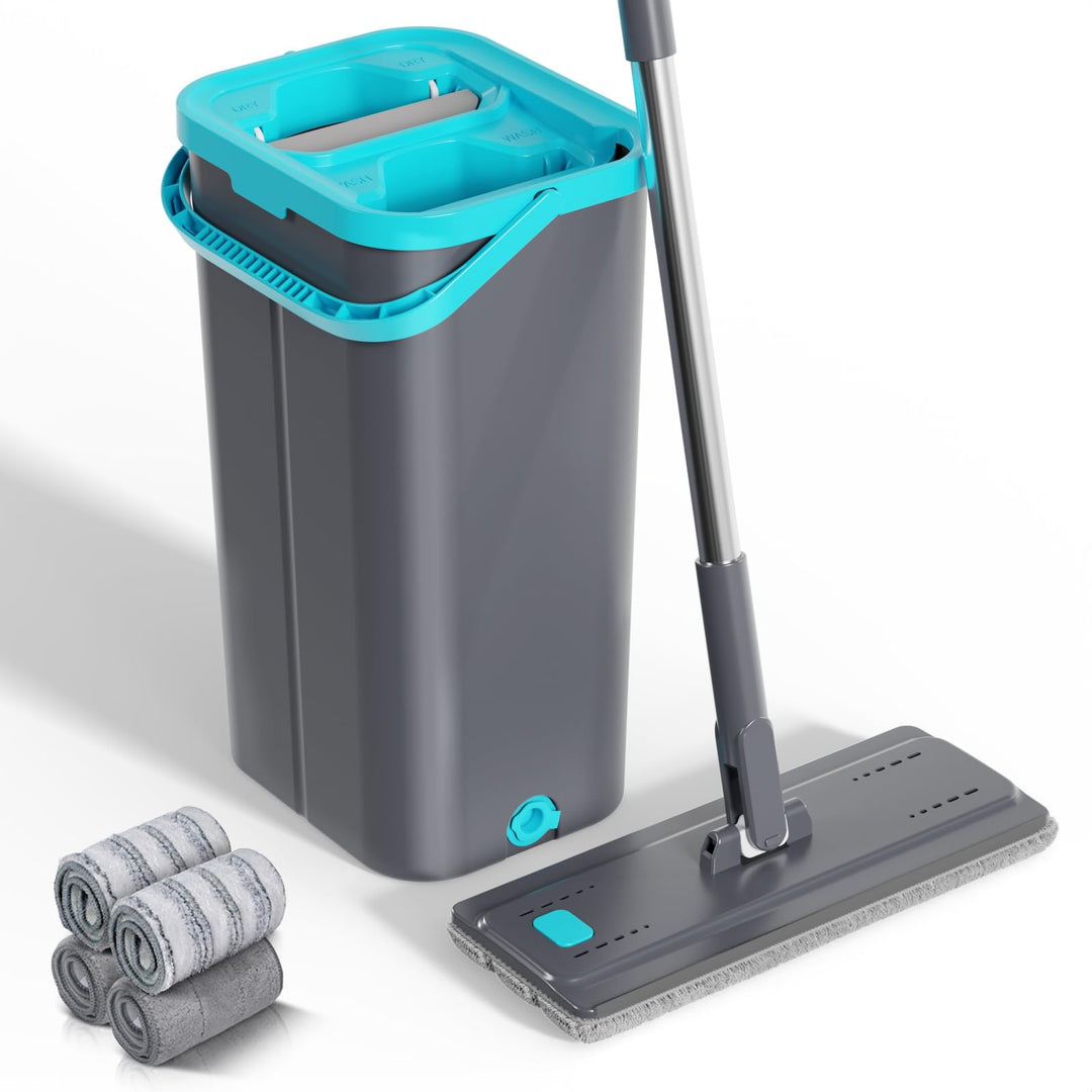 Masthome Wischmopp Set mit Eimer, Bodenwischer mit Putzeimer 2 In 1,Flachmopp Set und 6 Mikrofaser W