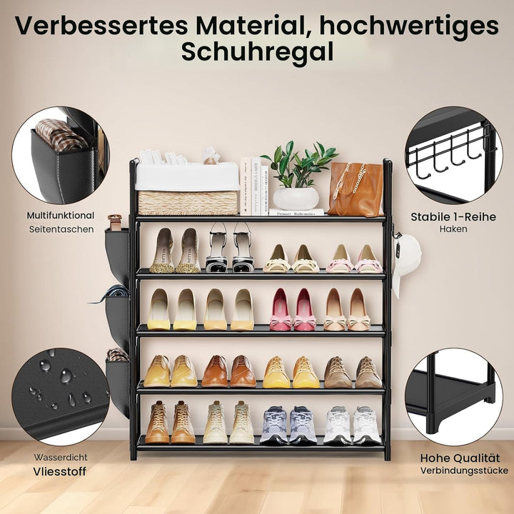 Schuhregal mit 5 Ebenen, Shoe Rack für 20-25 Paar Schuhen, Schuhorganizer mit Haken und Seitentasche