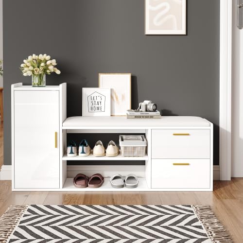 Merax Schuhschrank mit Sitzbank – Hochglanz Schuhregal mit 2 Schubladen, 1 Schrank und gepolsterter