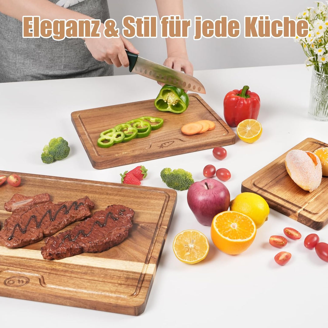 Akazienholz Schneidebrett Set 3-teilig mit Saftrille &amp; Griffmulde | Massives Holzbrett für Fleisch,