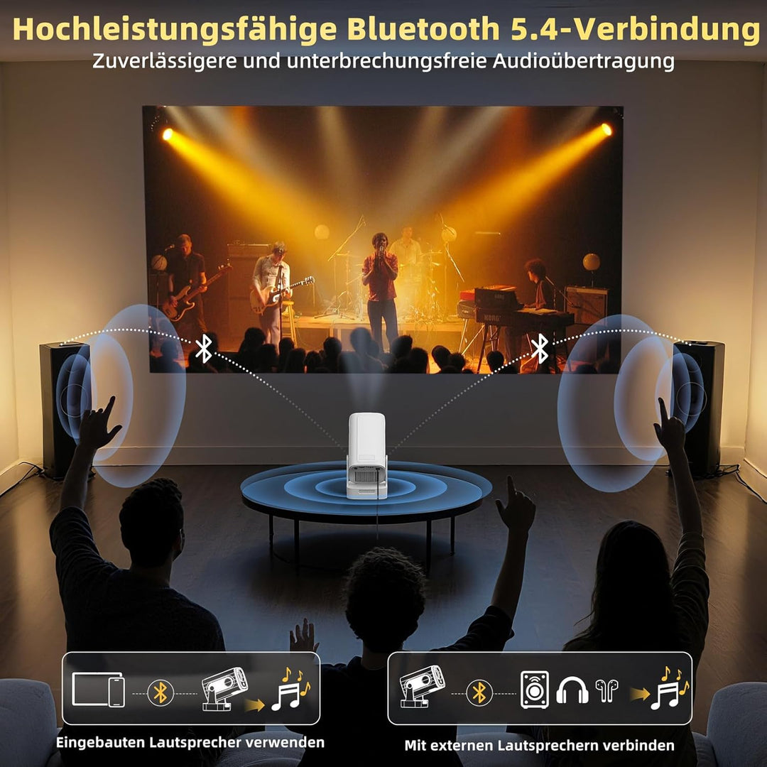 Beamer Full HD 1080P Mini Beamer 4K, Auto Trapezkorrektur, Mini Projector 180°Dreh Videoprojektor Un