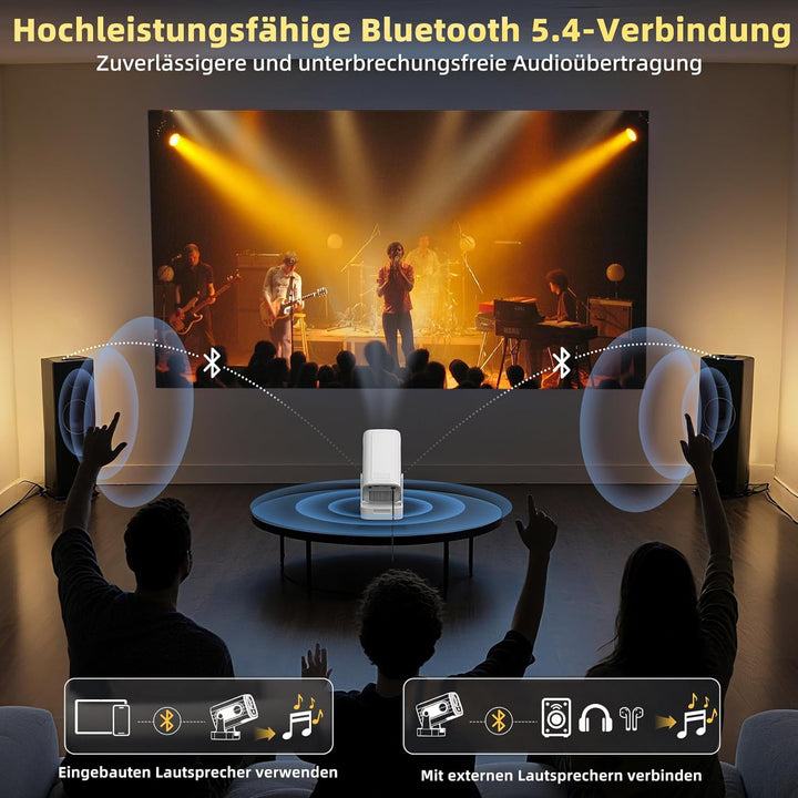 Beamer Full HD 1080P Mini Beamer 4K, Auto Trapezkorrektur, Mini Projector 180°Dreh Videoprojektor Un