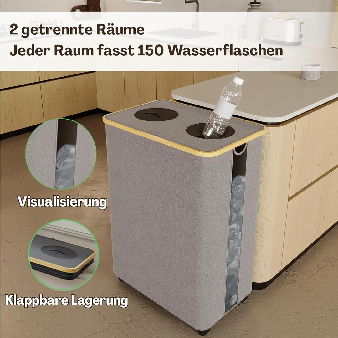 RMAN 160L Pfandflaschen Sammelbehälter mit 2 Fächern & Rollen – Grosser Leergutbehälter mit Deckel &