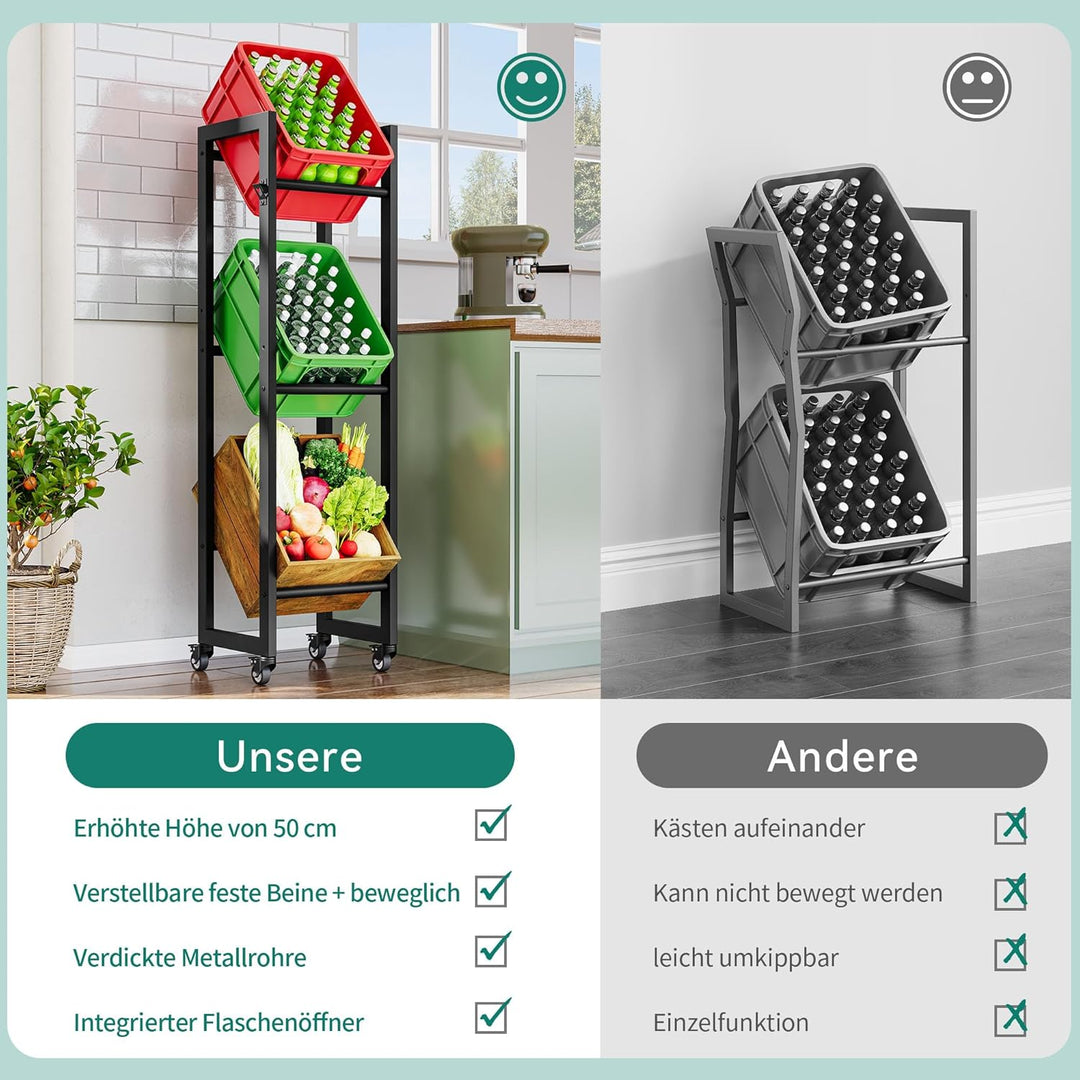 YITAHOME Getränkekistenregal 3 Kisten mit Rollen, verstellbaren füsse, Öffner, Metall Kistenregal mi